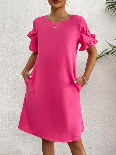 Image of HOTOUCH Womens Summer Dress 2025 Short Sleeve A-Line Mini Dress Casual Crew Neck Shift Dress Beach Sundress with Pockets