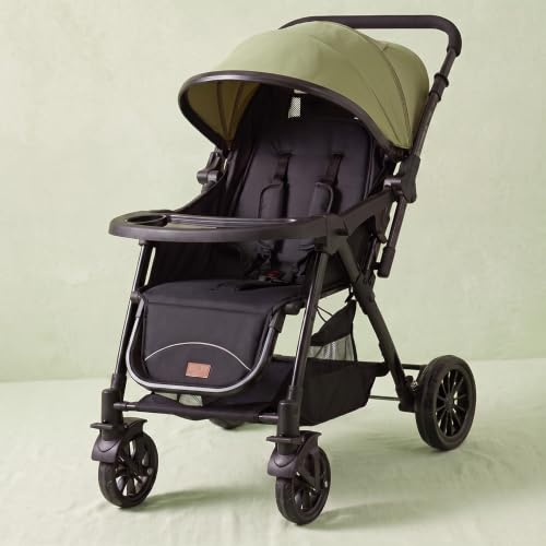 Image of StarAndDaisy Foldable Baby Stroller for 0-3 years Infant & Toddler / Travel Pram for Baby with Storage basket & Lockable Wheels, Multi-Level Recline & Adjustable Footrest, Removable Tray , Safety Harness Belt -Green