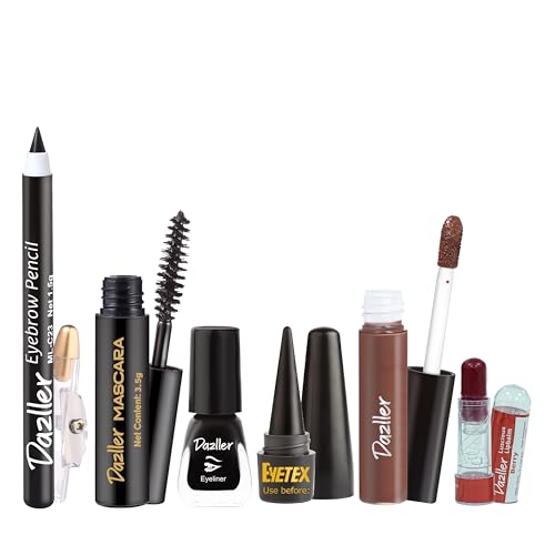 Image of Dazller Insta Ready Mini Makeup Kit for Women | Eyeliner, Kajal, Lip balm, Lipstick, Eyebrow Pencil, Mascara | Long Stay, Smudge-Proof | Perfect for Travel, Gifting, (Pack of 6)