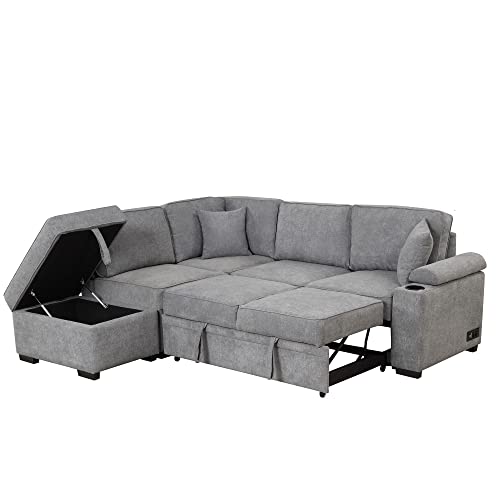 Merax Sleeper Sofa Bed L Shaped Sectional Couch with Storage Ottoman and Chaise for Living Room, Small Apartment Love Seats, Gray_Linen Merax Sleeper Sofa Bed L Shaped Sectional Couch with Storage Ottoman and Chaise for Living Room, Small Apartment Love Seats, Gray_Linen