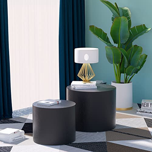 Kevinplus Nesting Coffee Table Set Of 2 For Living Room, Modern Round End Table Set, Wooden Circle Side Table And Accent Furniture For Bedroom Balcony Lounge Home Office, No Assembling, Matte Black #TOP6