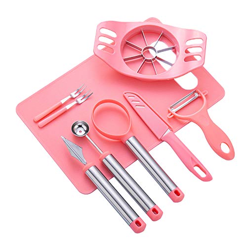 LYUSan Kitchen Gadget Set:Vegetable Peeler,Apple Slicer,Melon Baller Scoop,Carving Knife,Fruit Knife,Dig Pulp Separator,Chopping Board & Forks-Pink(9)