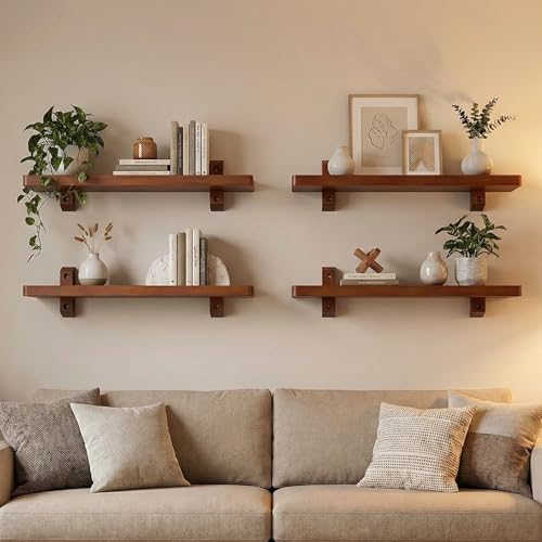 4 Set Floating Shelves for Wall Mounted Book Shelf Hanging Shelves Floating Bookshelf for Bedroom, Bathroom, Living Room, Kitchen Grown Solid Hardwood, Dark Maple