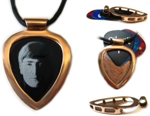 Red Gold IPG Guitar PICK Holder pendant w JOHN LENNON Guitar pick (The Beatles) w 27' adjustable 2mm leather cord necklace