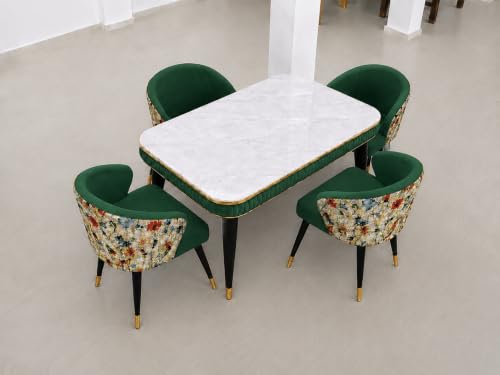 Image of WOODEN SPACE Majestic 4 Seater Wooden Dining Table Set | Urban Marble Top Dining Table with Chairs for Dining Room & Kitchen (Modern Classic Printed Dark Green) (54 x 36 x 30 inch)