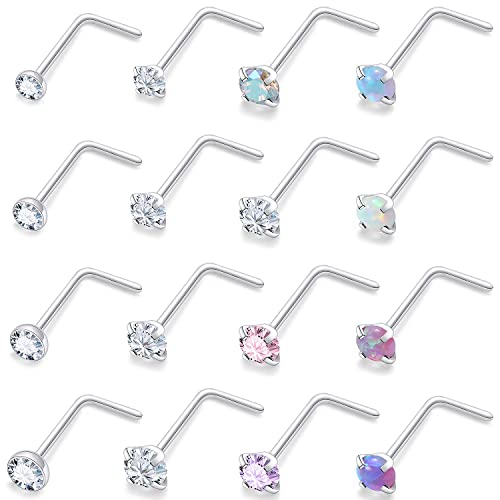 Vsnnsns 22G Nose Rings Studs Piercing Jewelry for Women 316L Surgical Stainless Steel L Shaped Opal Diamond CZ Nose Rings Studs Nostril Piercing Jewelry for Women Men 22 Gauge Silver Hypoallergenic