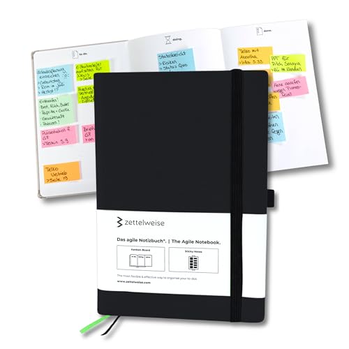 zettelweise - Das agile Notizbuch A5 | Mit integriertem Kanban Board | inkl. 300 Haftnotizen | Mehr Klarheit + Fokus | Notizbuch To do | 192 nummerierte Seiten | veganes Hardcover (Schwarz)