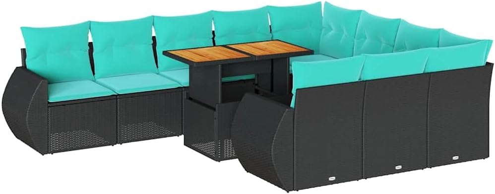 11-tig Patio Sofa Set Black Poly Rattan Cushions Comfortable Inviting for Backyard Terrace