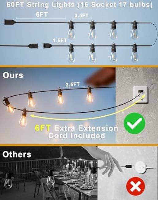 60FT LED Outdoor String Lights with 16+1 Edison Shatterproof IP65 Waterproof Bulbs, 2700K Dimmable Commercial Grade Patio Lights for Garden, Porch, Deck Decor