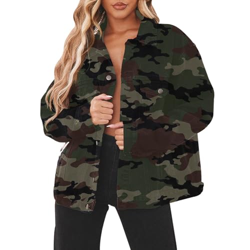 CHBAZH Jean Jacket for Women Oversized Long Sleeve plus size Denim Jackets with Pockets(Camo,L)