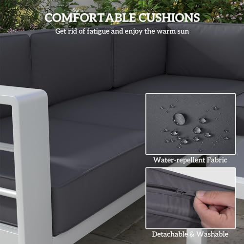 Outsunny 5-Piece Garden Corner Sofa Set with Cushions, 6 Seater Aluminium Garden Furniture Set with Glass Top Coffee Table, Patio Sectional Conservatory Furniture for Patio & Terrace, Light Grey - Image 3