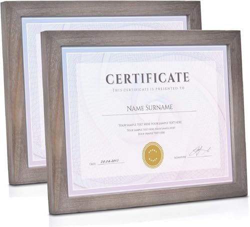 Emfogoo 2 Pièces A4 Certificat Cadre Photo en Bois, 8,5 x 11Pouces Cadres à Documents avec support Pour Certificat, Diplôme, Portrait, Paysage, peut être Accroché au Mur ou sur le Bureau(Gris Vieilli)