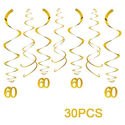 AimtoHome Party Swirl Decorations, Gold 60th Birthday Swirl Decoration, 60th Anniversary Ceiling Hanging Party Swirl Decoration, Pack of 30 Cover