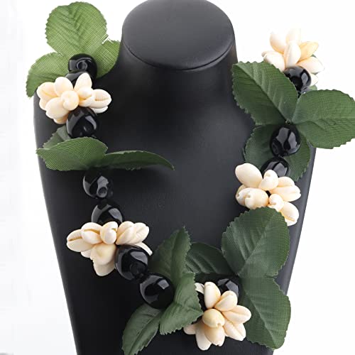 KUIYAI Hawaiian Kukui Nut Necklace with Chunky Heart-Shaped Beads Ribbon Tie Closure (30ShellBeads-Blk) by KUIYAI - Image 2