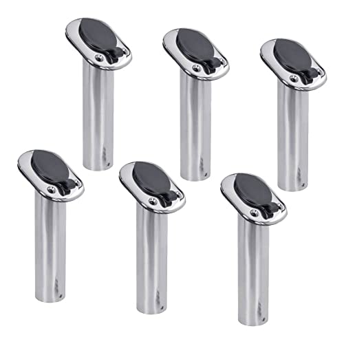 White Water 57739S-6PK Stainless Steel 30° Flush Mount Fishing Rod Holders – Heavy Duty Boat Deck Mount with Black PVC Liner, Cap, Gasket, UV Resistant – 6 Pack