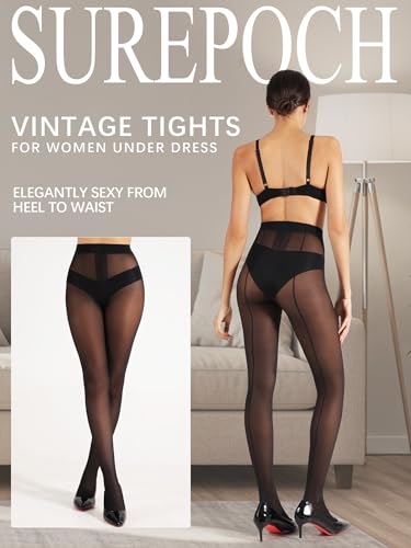 SUREPOCH Backseam Sheer Pantyhose for Women T - Crotch Tights Control Top Nylon Black Stockings with Design Reinforced Toe2