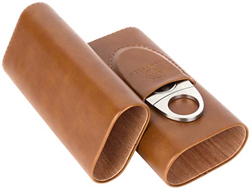 Mantello Brown Leather Cedar Wood Lined Travel Cigar Carrying Case with Cigar Cutter