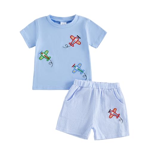 BemeyourBBs Toddler Baby Boy Summer Clothes Graphic T Shirt Elastic Waist Pockets Shorts Set 2 Piece Outfit (2-3T, Airplane Blue)