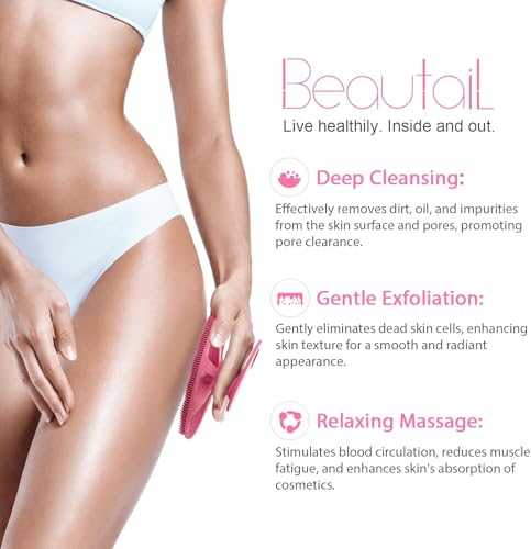 Image of Silicone Body Scrubber 2 Pack, BEAUTAIL Shower Bath Wash Brush, Gentle Exfoliating Scrub Cleansing Loofah for Women Men Baby Sensitive Skin, Easy to Clean, Lather Nicely, More Hygienic, Pink+Blue