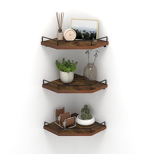 HORLIMER Floating Corner Shelf Wall Mount, 3 Pack Rustic Wood Corner Wall Shelves with Fence for Bedroom, Bathroom, Kitchen, Living Room, Brown by HORLIMER - Used condition - CA$24.31