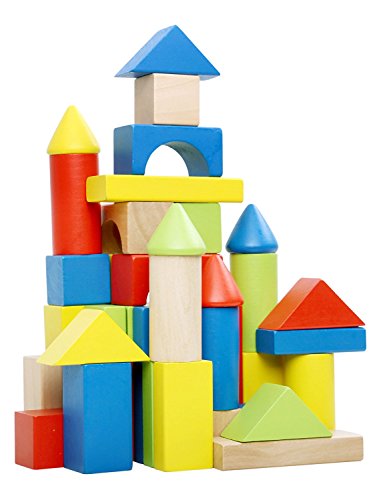 Deluxe 50 Piece Hand-Crafted Wooden Building Blocks Set with Carrying Container - Hardwood Plain & Colored Wood Playing Toy Blocks for Boys & Girls - Durable Stacking Blocks for Toddlers Preschool age - Thumbnail 4