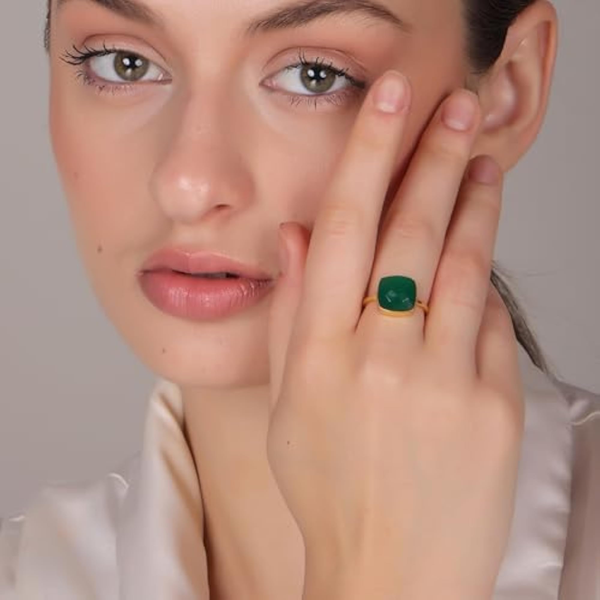 Green Onyx Cushion Ring, Artisan Gold Statement Ring, Gift for Her