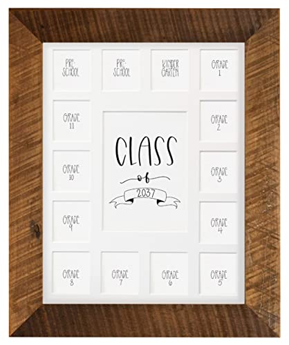 Image of Rustic Red Door Co. School Years Reclaimed Wood Picture Frame with Mat - 11x14 Wooden Framed 15 Photo Collage Mat Pre-School & Kindergarten to 12th Grade (Class of 2037, White)