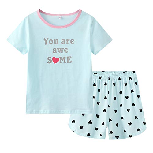 Big Girls Pajamas Set Cut Cat and Bear Printed Short Sleeve Summer Sleepwear Loungewear Size 12 14 16 (16, Blue)