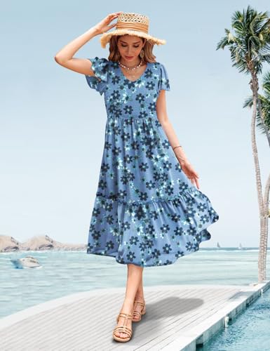 Image of YESNO Women Summer Boho Floral Casual Dresses V Neck Ruffle Cap Sleeve Smocked Midi Dress with Pockets EVA