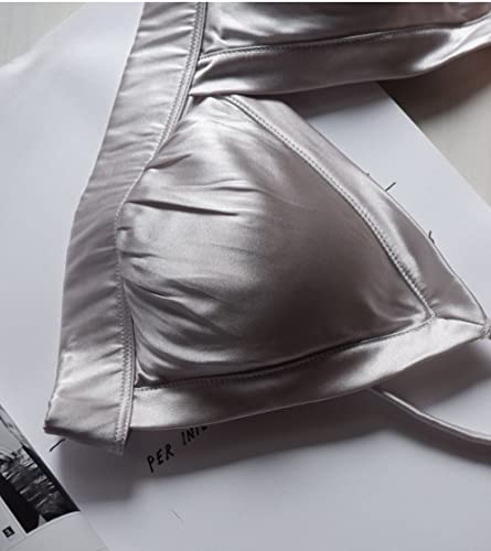 Silriver Women's Silk Satin Triangle Bralette Soft Cup Wireless Bra With Removable Pad (M, Silver Grey) #TOP1