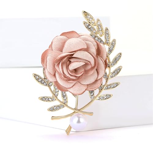 Image of Rose Brooch for Women,Dainty Satin Fabric Flower Lapel Pins Vintage Elegant Pearl Brooches Handmade Crystal Pearl Pins Silk Camellia Safety Collar Pin Dress Suit Accessories Wedding Bridal Bouquet Jewelry