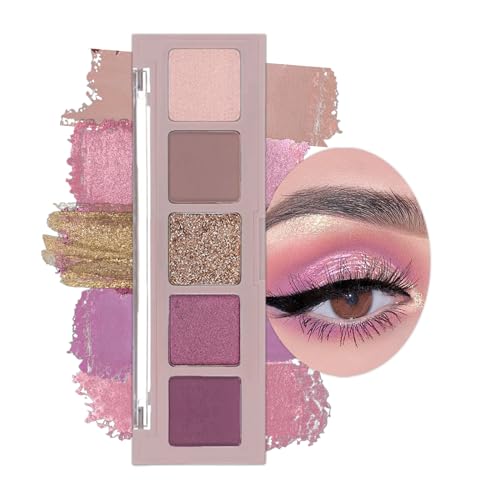 Pink Eyeshadow Palette Make-Up Purple Palettes, Shimmer Eye Shadow Pallets for Women, Cool Girl Matte Make Up, Glitter Eyeshadows 5 Colour Nude Natural, Waterproof Long Lasting Highly Pigmented