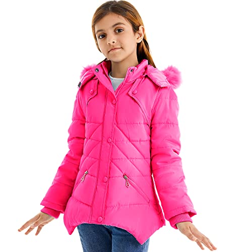 Farvalue Girls' Winter Coats Fur Hooded Warm Puffer Jacket Coat For Girls Rose Red 9-10Y #TOP18