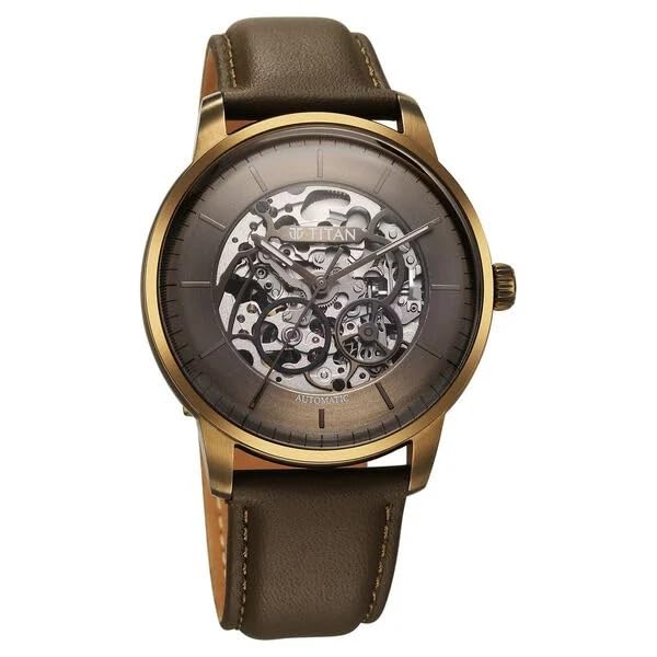 Image of Titan Automatic Color Upgrade Silver Dial Grey Leather Strap Watch for Men 90110QL03