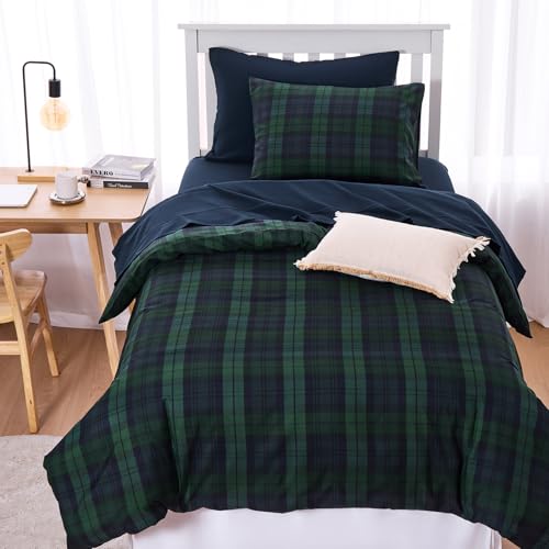 Image of Wake In Cloud - Plaid Comforter Set, Scottish Tartan Check Geometric Modern Pattern Printed, Soft Lightweight Bedding, 3 Pieces, Dark Green, Twin /Twin XL Size