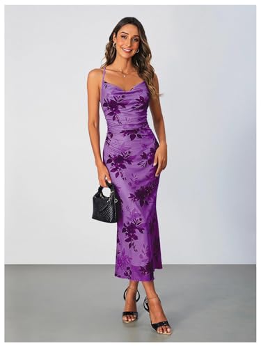 Image of SOLY HUX Women's Floral Mesh Bodycon Cami Dress Cowl Neck Sleeveless Cocktail Party Wedding Guest Long Maxi Dresses