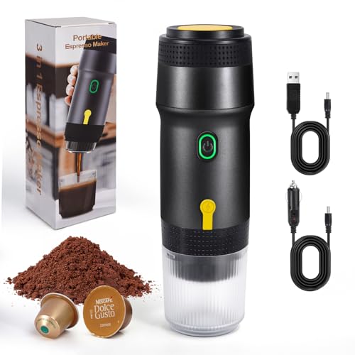 LAMA Elektrische Espressomaschine Kapselmaschine Tragbare Mini Kaffeemaschine, Auto Espressomaschine Kompatible mit Kaffeekapseln/Kaffeepulver Sofortiges Aufwärmen für Auto Outdoor, Schwarz