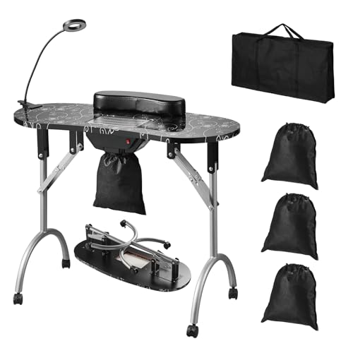 VEVOR Mesa de Manicura Portátil, Mesa de Manicura Plegable Colector de Polvo Eléctrico Tecnología de Uñas Móvil 4 Ruedas 3 Bolsas de Polvo Lámpara LED Plegable, MDF para Spa, Salón de Belleza, Hogar
