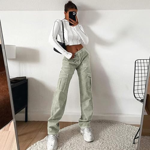 Image of Lepunuo Cargo Pants for Women High Waisted Casual Pants Baggy Stretchy Wide Leg Y2K Streetwear with 6 Pockets