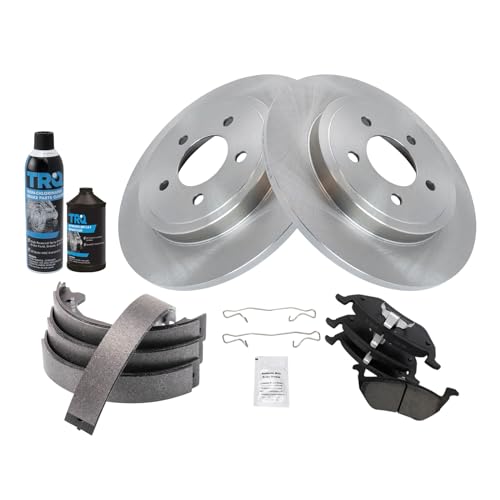 Image of TRQ Rear Brake Pad & Rotor Kit, with Chemical Kit Parking Brake Shoe Set Ceramic Compatible with 2005-2008 Ford Escape Mazda Tribute Mercury Mariner