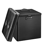 Tamfile Small Ottoman with Storage, 13 x 13 x 13 inch Fireproof Safe Folding Ottoman with Lock for Important Documents, Waterproof Foot Rest Stool with Storage, Ottoman Foot Rest with Handle, Black