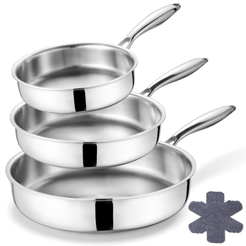 E-far Tri-Ply Stainless Steel Frying Pan Set of 3, 8/10/12 Inch Skillet Set