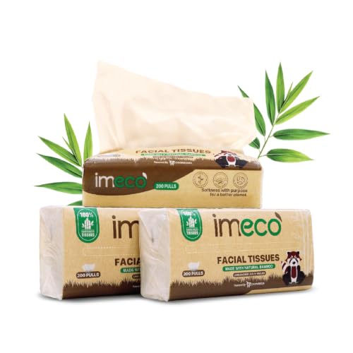 Image of IMECO Bamboo Facial Tissue Papers -200 Pulls (Pack of 3), 600 Pulls - 2 Ply, Premium Soft, Biodegradable & Skin Safe, 100% Natural and Ecofriendly, Soft tissue pack