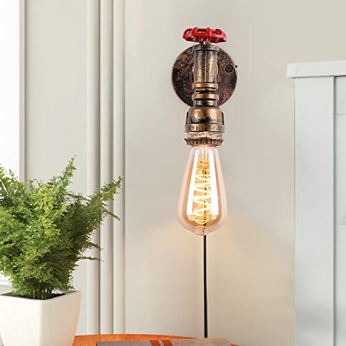 Image of Industrial Set of 2 Wall Lamps with Plug in Cord for Bedroom Bedside Lighting Brass Brush Gold Water Pipe Steampunk Decor Sconces with Mounted Fixtures E26 Socket with Switch Farmhouse Wall Lamps