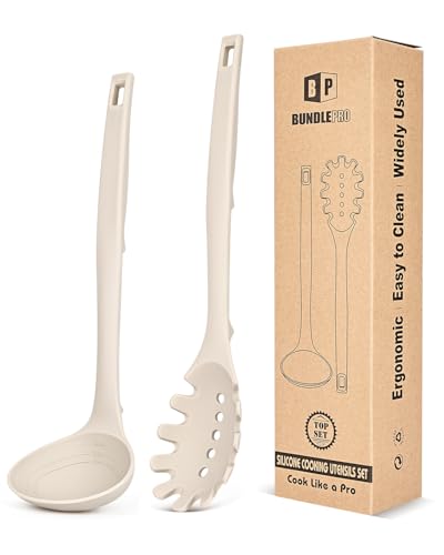 Silikon-Pasta-Gabel und Suppe-Ladel-Set hitzebeständiges Antiklebriges Küchenutensilien mit Rücken-Haken geeignet zum Kochen Rühren Servieren von Spaghetti Suppe Sauce(KHAKI)