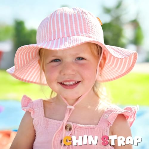 Image of HONGTEYA Baby Sun Hat Toddler Girl Beach Hat Sun Protection Adjustable Outdoor Summer Wide Brim Bucket Hat for Infant Kids