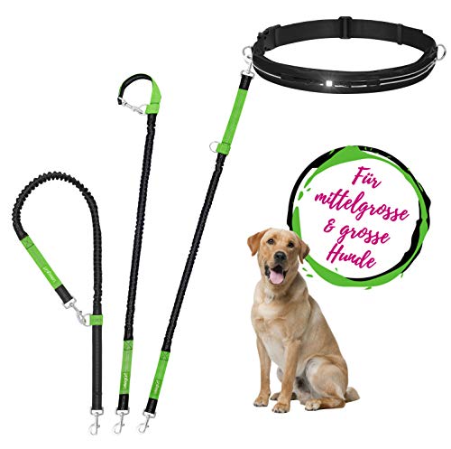 Leisegrün Joggingleine für große Hunde | Freihandleine zum Joggen mit Bauchgurt und Ruckdämpfer | Länge 125 cm bis 175 cm | Farbe: Schwarz