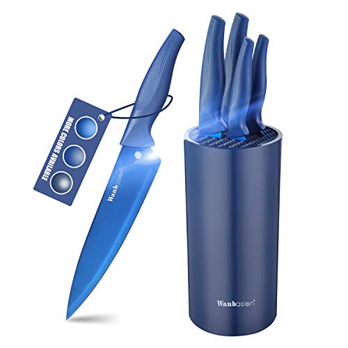 Wanbasion Smooth Kitchen Knife Set Block Stainless Steel Kitchen Knife Set Professional Kitchen Knife Set Block with Blue Titanium