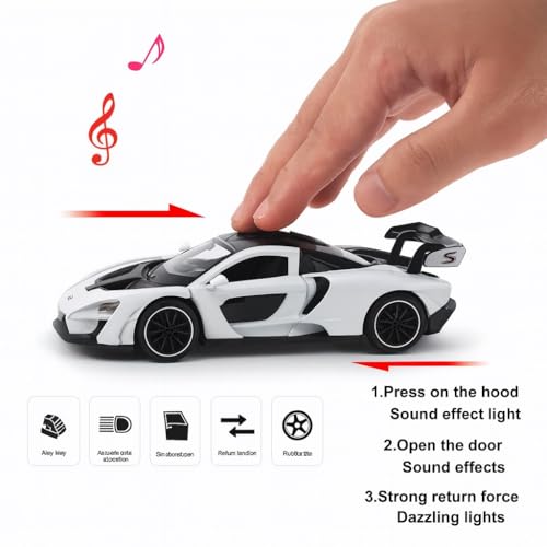 Image of McLaren Senna Car Toy - 1:28 Scale Alloy Meat Die-Cast Supercar Model with Openable Door, Lights & Sound, Pull-Back Sports Car Toy for Kids, Boys & Collectors - Gift Item (Red)