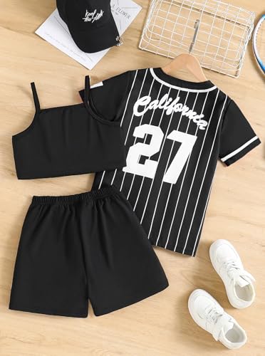 Image of Hilinker Girls Graphic 3 Piece Outfits Short Sleeve Striped Cardigan and Crop Cami with Shorts Set